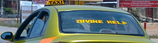 Divine Help One of the thousands of Bible verses and exhortations on cars and businesses throughout Ghana, West Africa