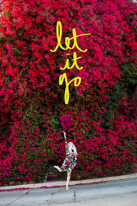 floral background and a woman and text saying 'let it go'